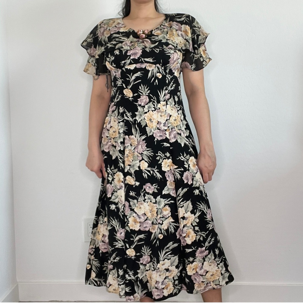 90s‎ Carole Little Floral Midi Dress Black Ruffle Neck Flutter Sleeve Rayon VTG